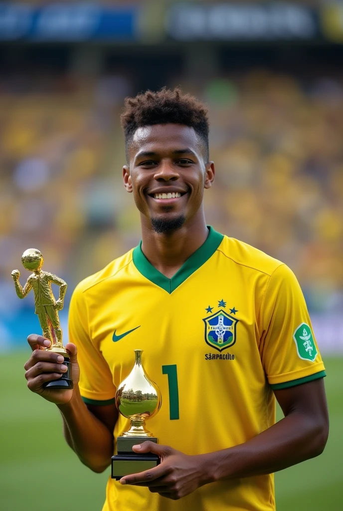 A 20 year old Brazilian man, dark-skinned, short and dark hair, in a football match, with the São Paulo uniform and the top scorer trophy