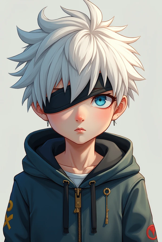 Tall boy with white hair and blue eyes with a band covering one eye