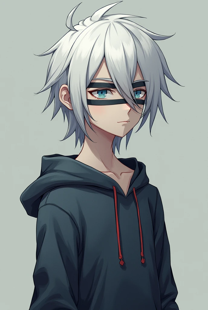  Tall boy with white hair and blue eyes with a band covering one eye 