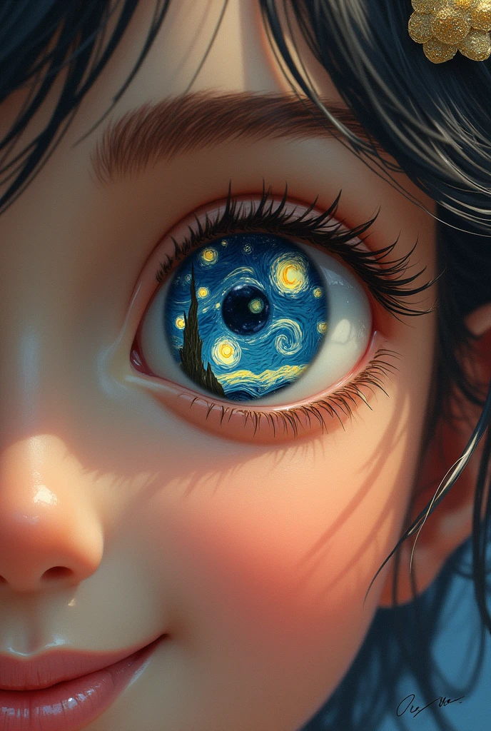 Illustrate van Gogh's Starry Night within an eye on a smiling girl's face