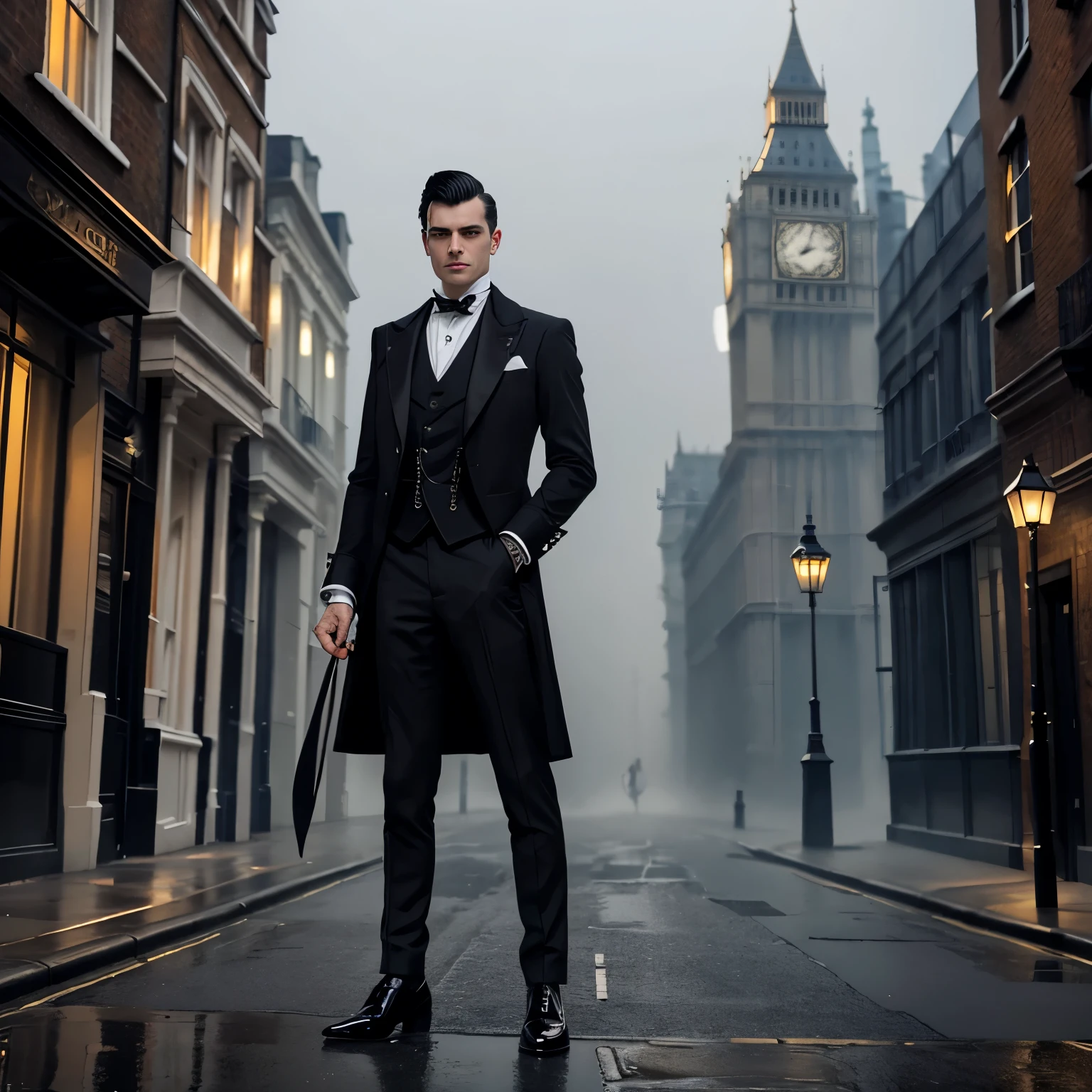 full body view, a stunnig white european male attractive vampire with a victorian dapper attire, shiny elegant shoes, black socks, classic clean shaved preppy haircut of his dark hair, ruby rings, he watches in a deserted street in London for a foggy nighthe watches in a deserted street in London on a foggy night, showing off his sharp canines