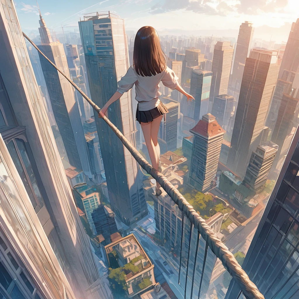 score_9,score_8_up,score_7_up,masterpiece,best quality, source anime, realistic, super detailed, extreme detailed, rating_safe,
1girl, Walking on a tightrope, Skyscraper district, People and objects on the ground look like peas,
BREAK men, 22yo, short hair, bob cut, (blunt bangs), black hair, (tareme, detailed cute brown eyes), curled eyelashes, (large breasts:0.9), 
shiny hair, beautiful detailed eyes, beautiful face,
slender, small ass, slim legs,
serious,  
white collared shirt, black tight mini skirt, pumps,