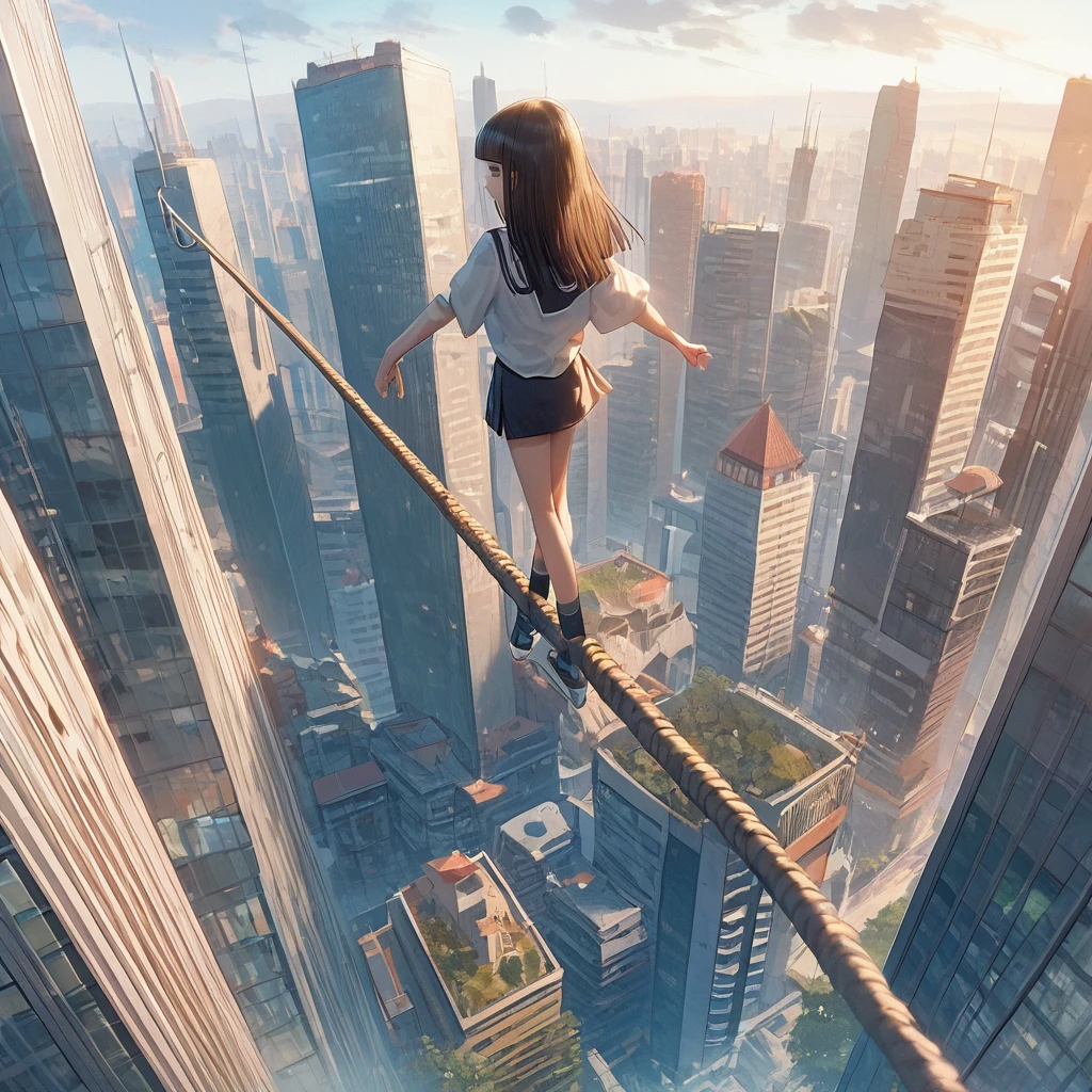 score_9,score_8_up,score_7_up,masterpiece,best quality, source anime, realistic, super detailed, extreme detailed, rating_safe,
1girl, Walking on a tightrope, Skyscraper district, People and objects on the ground look like peas,
BREAK men, 22yo, short hair, bob cut, (blunt bangs), black hair, (tareme, detailed cute brown eyes), curled eyelashes, (large breasts:0.9),
shiny hair, beautiful detailed eyes, beautiful face,
slender, small ass, slim legs,
serious,
white collared shirt, black tight mini skirt, pumps,