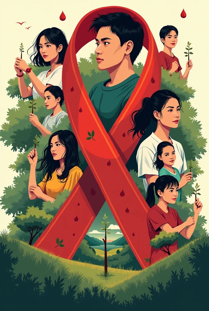 A poster, red ribbon club, blood donation, rescue activities, tree planting