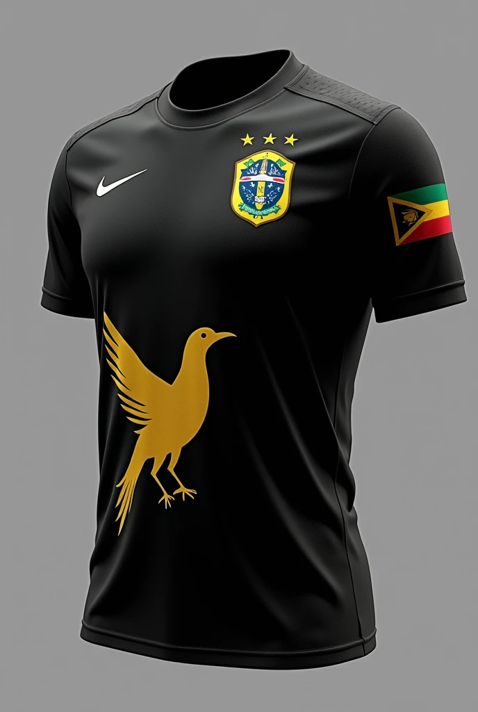 Create an all-black team shirt with the Maranhão state flag on the chest of the shirt at the top, the yellow beach bird on the bottom side of the blouse, and reggae flag details on the sleeve of the blouse (Unripe, red and teal and yellow)