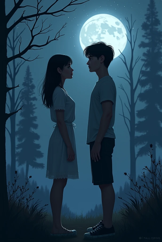 1 girl, 1 boy, face to face, Men are tall, women are short, women straight hair, Women's hair is not too long, men and women standing close together, casual clothes , poised posture, natural skin, standing on the grass
BREAK
Blue sky night, (rim lighting):1.2, cold tones, Moonlight and lots of stars, soft shadows, dark colors , Sharp effect, horror atmosphere, dark blue effect
BREAK
open nature, many tall dry tree, quiet nature, Moonlit nature, peaceful ambiance, ultra detailed, official art, unity 8k wallpaper
, zentangle, mandala