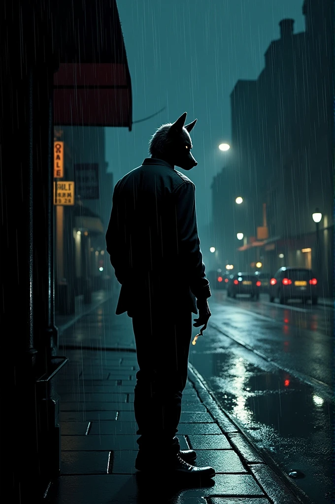 A 3D-rendered scene in the art style of The Wolf Among Us, showing a dark, rain-soaked street in Fabletown. Sheriff Bigby Wolf, in his human form, is standing alone on the sidewalk, smoking a cigarette. The rain is falling around him, creating reflections on the wet pavement. The camera angle is from across the street, capturing Bigby from the front but slightly distant, as if viewed from the other side of the road. He is not looking at the camera, instead staring off into the distance, lost in thought. The scene is dark and moody, with thick outlines and a noir atmosphere, matching the visual style of the game perfectly.