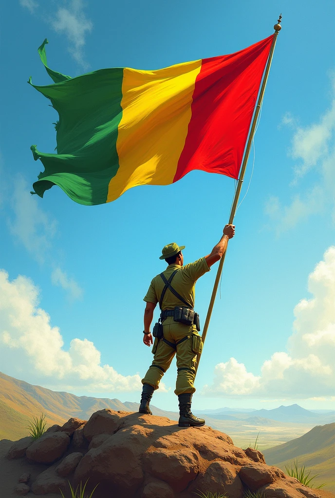 flag colors tilted green yellow and red no stars HAPPY INDEPENDENCE DAY held by a soldier