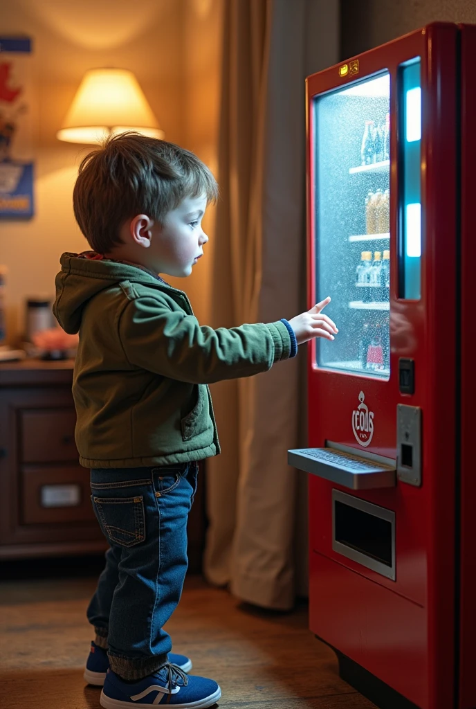 Now he creates the same boy but trying to touch the button of a soda machine but he doesn't reach it.