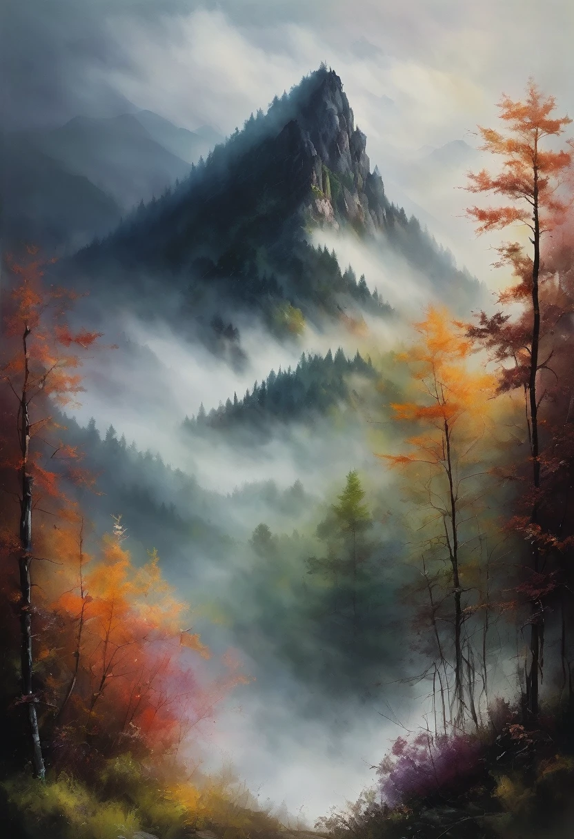 a painterly masterpiece of a dreamy forest view of a mountain with foggy atmosphere and beautiful weather, cloudy and beautiful dim lighting soothing dark colours , beautiful dreamy painting