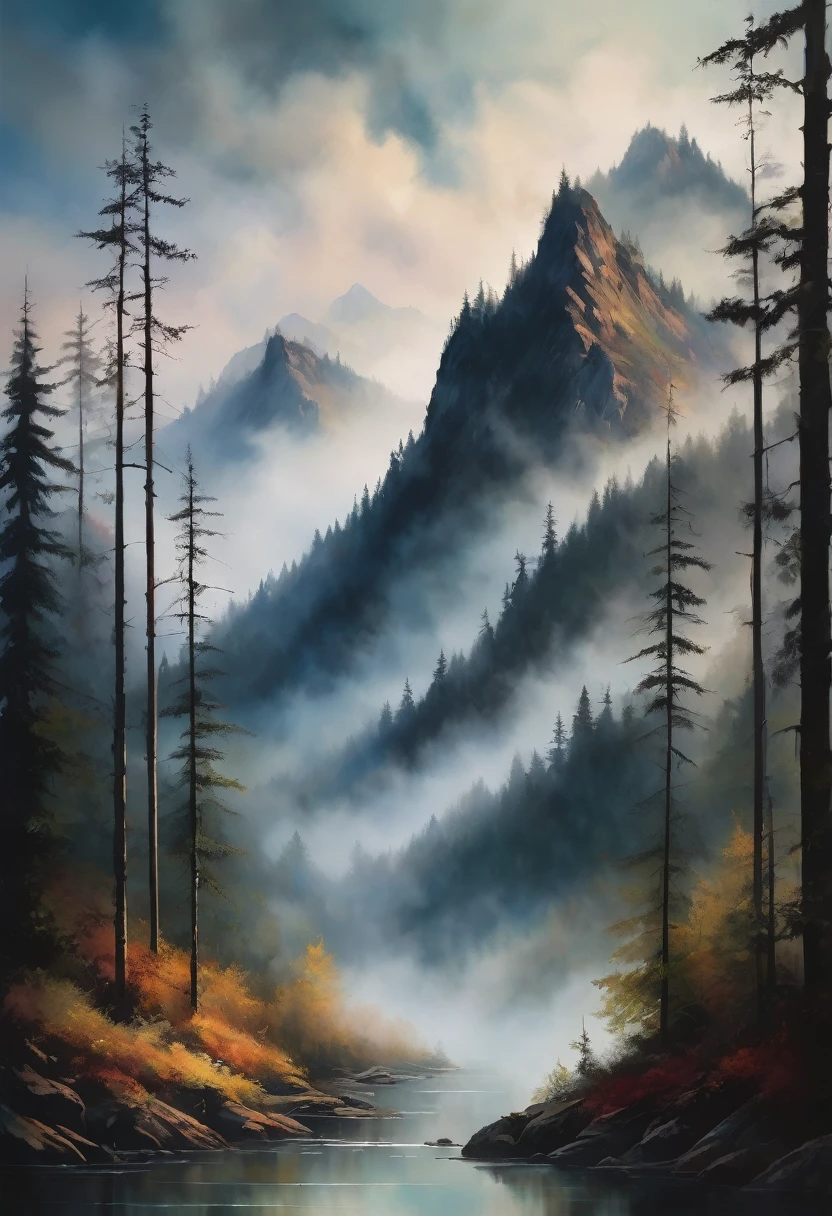 a painterly masterpiece of a dreamy forest view of a mountain with foggy atmosphere and beautiful weather, cloudy and beautiful dim lighting soothing dark colours , beautiful dreamy painting