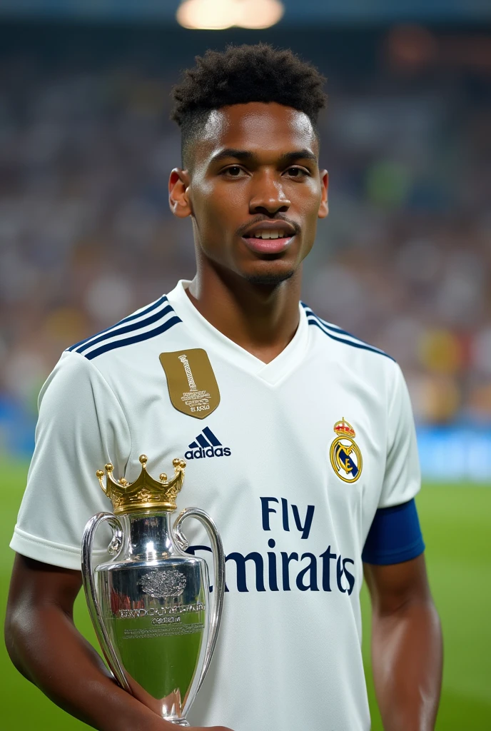 A 20 year old Brazilian man, dark-skinned, short and dark hair, in a football match, with the Real Madrid uniform and the Champions League trophy