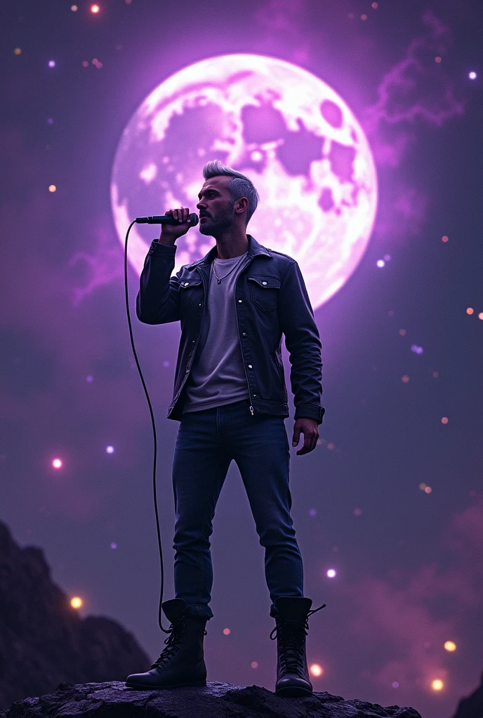 Galaxy Nebula Purple Stars Starry Nebula Sky Full Moon Epic Night Hyper Magnificent Masterpiece Ultra UnrealEngine5 Deep Path Equirectangular_360 MusicHall Beholder❤ Rockstar Sings into Microphone Global Forest Saturated Luminescence Volumetric Cinematic_Moonlight Lightning_contrast Meticulously Intricate Ultra_Ultra-High Detail_Maximum Ultra_High Quality_Ultra High Definition_Photorealistic Optimal Ultra_High Resolution CGI VFX SFX Precise Reflection Vivid Color Encoded Enhanced Octane-Rendering UHD XT3 DSLR HDR ROMM RGB PBR 3DCG FXAA Blu-ray Enhanced FKAA TXAA RTX SSAO OpenGL-Shader GLSL-Shader Post-Processing Post-Production Cel Shading Tone Mapping Analog Ultra_Sharpness Symmetrical Focus Heavy Metal Will-o'-the-Wisp Iota Pixie Kindergarten Glamour Knight Queen Cosplay (A Man From twenty five years old (short grey hair military style), athletic (facing forward) with a microphone in his hand singing a song (black rockstar leather jacket, white t-shirt, blue jeans, black boots) onyx marble ruby background opal chain sundrop chrome bands flat pewter lys emerald plasma glyph tourmaline lava magic fire summon milkweed incandescent crystalline chaos creature viceroy monarch conjuration butterfly blooming home cgscosity summoning strange monster floraison earth reflection chef-d's tattoo nsfw misc multi etc. -