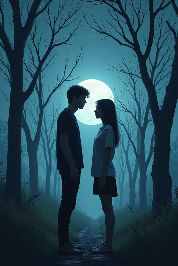 1 girl, 1 boy, face to face, Men are tall, women are short, women straight hair, Women's hair is not too long, men and women standing close together, casual clothes , poised posture, natural skin, standing on the grass
BREAK
Blue sky night, (rim lighting):1.2, cold tones, Moonlight and lots of stars, soft shadows, dark colors , Sharp effect, horror atmosphere, dark blue effect
BREAK
open nature, many tall dry tree, quiet nature, Moonlit nature, peaceful ambiance, ultra detailed, official art, unity 8k wallpaper
, zentangle, mandala