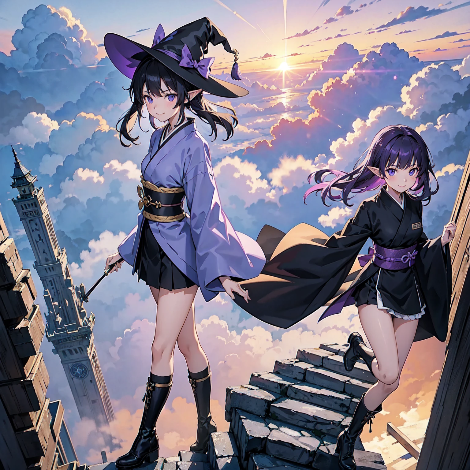 A girl with long violet-purple hair. A gentle, full smile. Pointy elf ears. Her clothes are simple: a black robe with wide sleeves and a black miniskirt. Her knees are showing. The front has a V-shaped white insert like a kimono. A witch's hat with purple ribbons on either side. Gentle face. Black boots. Background, bright painting, Makoto Shinkai, endless stairs only, floating long stairs, floating stairs in the air, stairs above clouds, illustration, nostalgic, vivid, above clouds, bright, fresh, sunset. A maze of connected stairs.