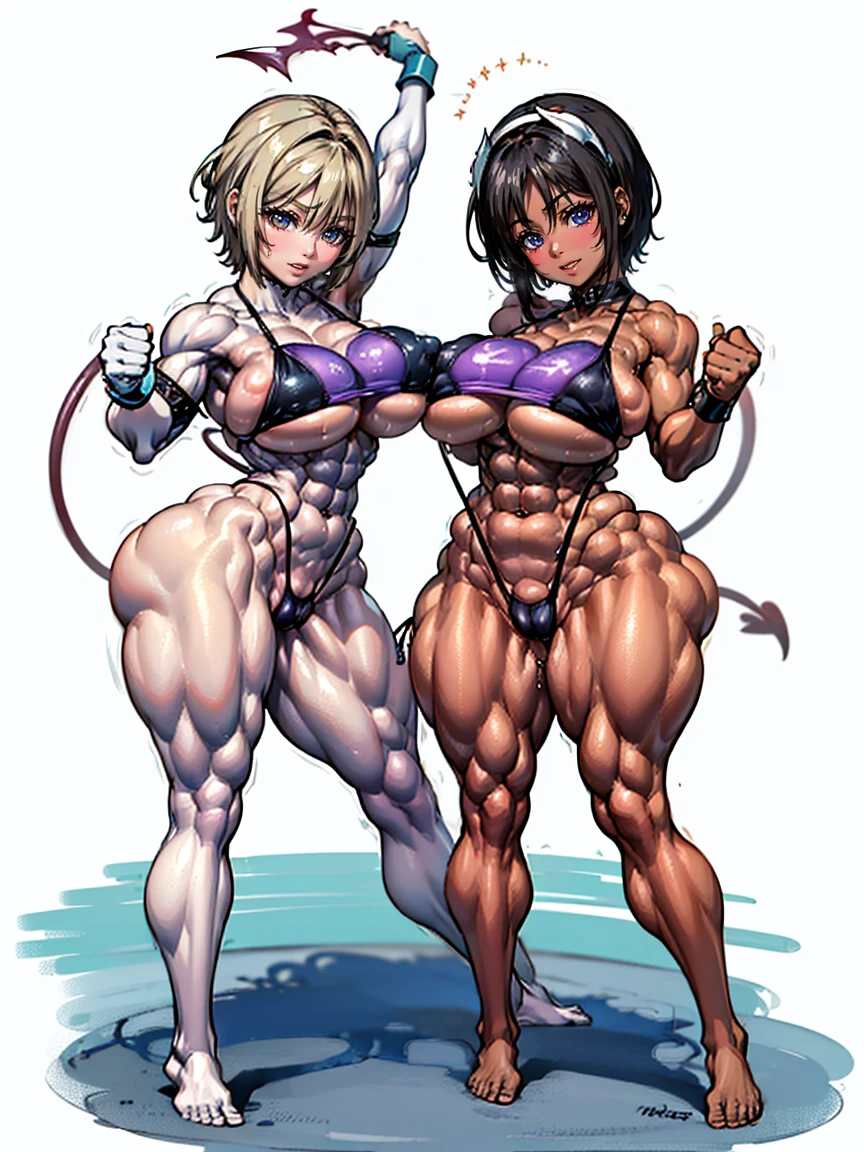 Serious face、(Grin:1.6)、(In 4K)、(High resolution:1.2)、(High freshness)、、(Whole Body Ezbian:1.2)、((short hair:1.2))、(Huge, Vibrant, Fake breasts:1.4)、Deep Valley、(Fight demons、Two brave women with great powers:1.6))、Skin Dance、 (Hard chest:1.6)、(Orange eyes)、((tight competition swimwear:1.6))、(Perfect body:1.8)、Wide Hips, Thick thighs, Huge Ass、Skin dents、(barefoot:1.2)、(Great abs:1.4)、(Tight waist:1.4)、(White Background)、(Dark Skin:1.4)、(Standing on one leg:1.4)