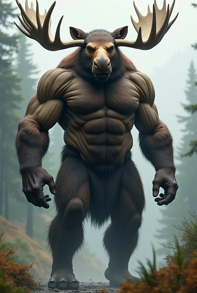 (photorealism:1.2), half moose man, human head and handsome, 290 cm tall, lean muscle