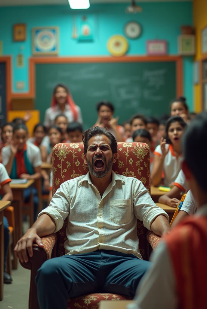 Teachers and students are scared of any type of sound and scared of it and shouting make it in Indian theme in the school make them kids make the teacher male in and he also scared and shouting in his private chair make it bright