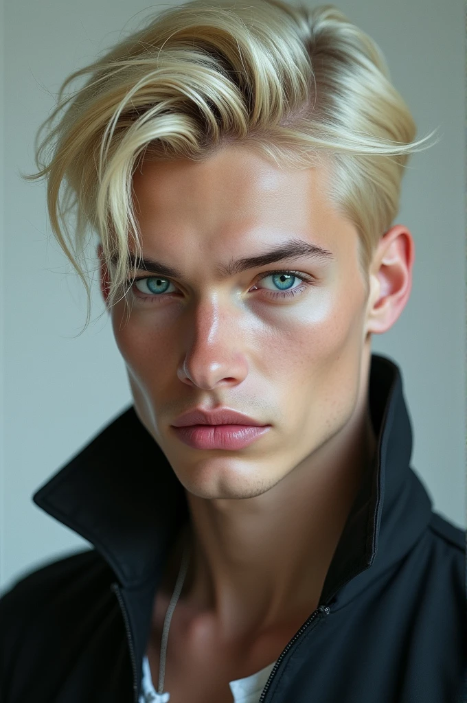 blonde men with blue eyes, white skin, upturned nose and cold look