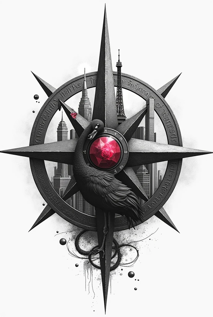 Realistic tattoo inside a black and white compass with Taipei 101 tower, the eiffel tower in paris, a black Swan in the background and a colorless ruby