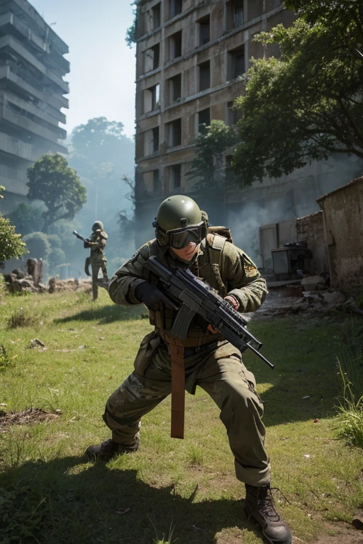 3 survival game players,Laputa-style ruins,Field uniform,Handgun equipment,Shooting stance,Goggles and helmet