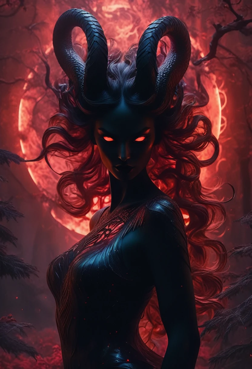 (best quality,4k,8k,highres,masterpiece:1.2),ultra-detailed,(realistic,photorealistic,photo-realistic:1.37),sinister female demon from the depths of the universe with terrifying face,elegant appearance,fierce expression,pale skin and dark shadows,sharp pointed teeth,(extra-long,extremely detailed) snake eyes all over her body,dark flowing hair,long wavy black hair,glowing red eyes,sharp claws,dark aura,ominous atmosphere,demonic presence,smoke and fog,cosmic background with stars and galaxies,celestial scenery,mystical energy,ethereal glow,otherworldly beauty,nebula dust and scattered planets,lunar eclipses and shooting stars,galactic dust and lighting,cursed and forbidden beauty,serpent-like tongue and scales,glowing dark wings with intricate patterns,black feathered wings with metallic sheen,silhouette of jagged mountains,enchanted glowing forest with twisted trees,phosphorescent flowers and plants,bloody crimson moon,fractured dimensions and portals,crackling electricity and energy sparks,hauntingly beautiful,deceptive and captivating,female manipulation and supernatural power,mysterious and alluring,powerful and untamed,fearful and respected,gothic and surreal art style,vivid contrasting colors,black and red color palette,dramatic lighting with deep shadows,juxtaposition of light and darkness. nipples
