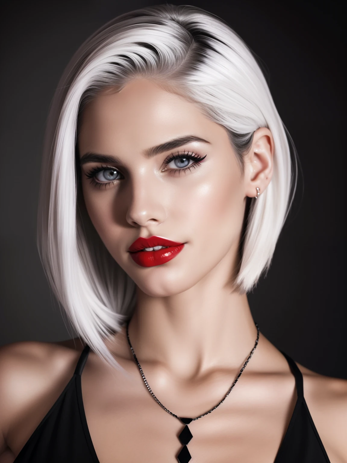 Leave, mascara, Black and white, red lips painted with lipstick,woman 25 years old, stylish, clean, White hair, sharp designs, charcoal drawing, portrait, headshot, beautiful woman, to Sergeant, NECKLACE, portrait, pencil drawing portrait, Sara Sampaio, Renee Moerden