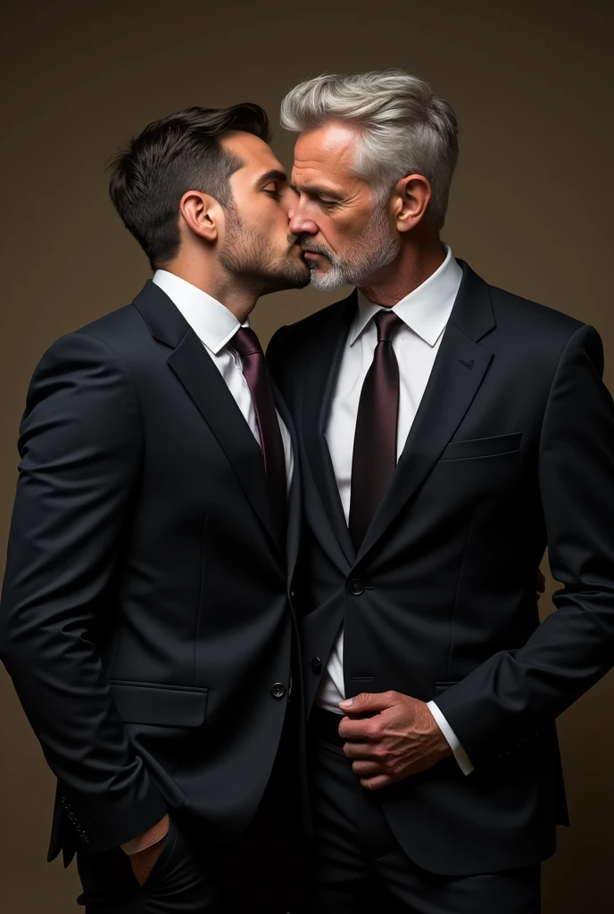 Realistic image of a man in a suit and tie kissing the dress belt of another handsome mature man in a suit and tie
