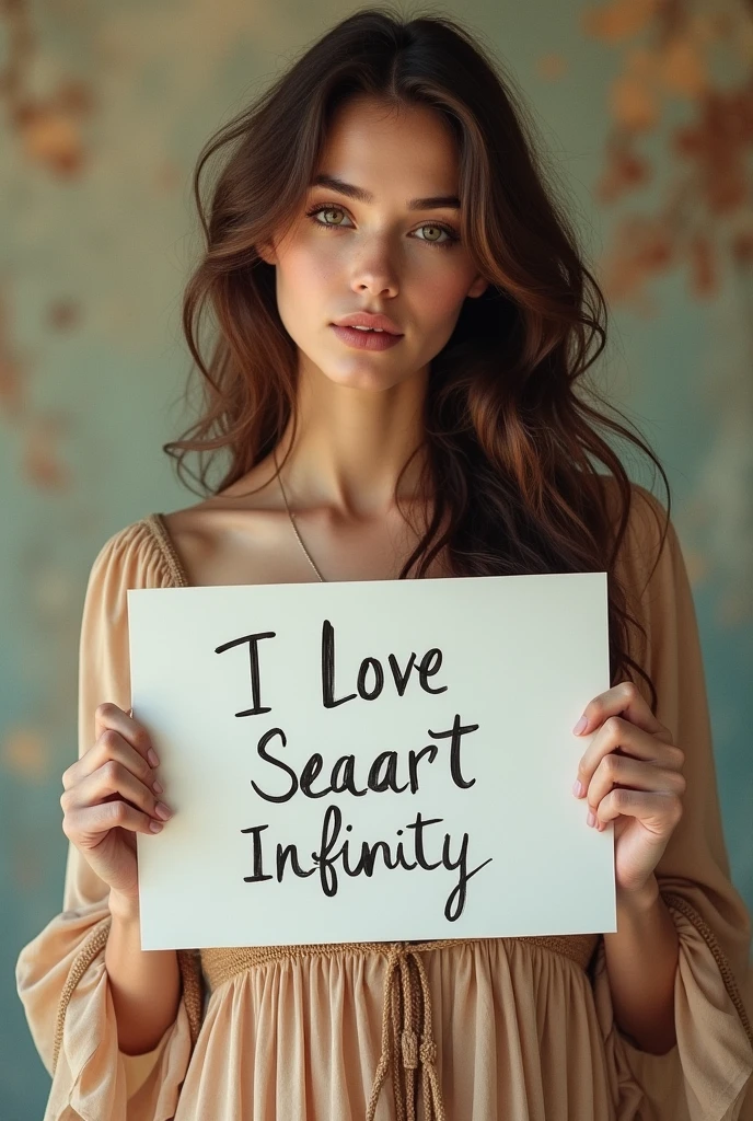 Beautiful girl with wavy long hair, bohemian dress, holding a white board with text "I Love Seaart Infinity" and showing it to the viewer