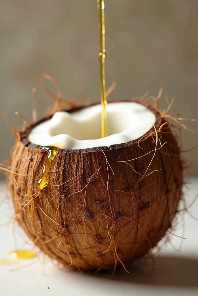 A coconut that has not had its gourd removed, wrapped in olive oil
