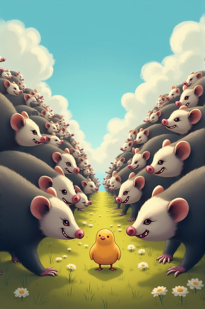 Thousands of opossums against a little yellow chick 
