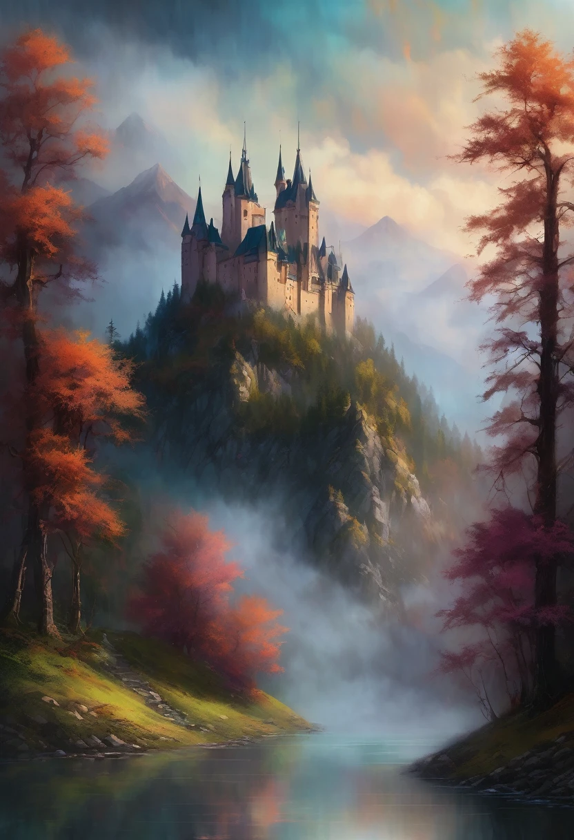 a painterly masterpiece of a dreamy fantasy castle view of a mountain with foggy atmosphere and beautiful weather, cloudy and beautiful dim lighting soothing dark colours , beautiful dreamy painting , fantasy themed