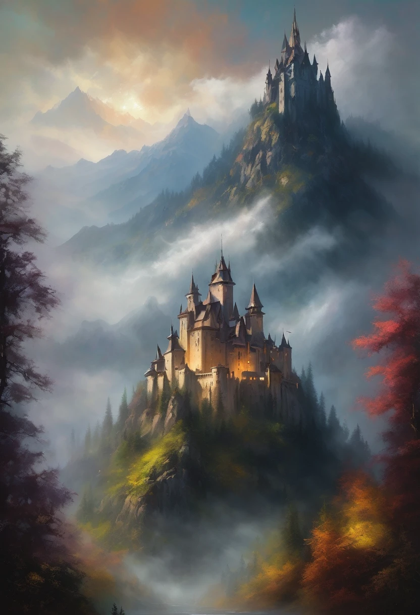 a painterly masterpiece of a dreamy fantasy castle view of a mountain with foggy atmosphere and beautiful weather, cloudy and beautiful dim lighting soothing dark colours , beautiful dreamy painting , fantasy themed 