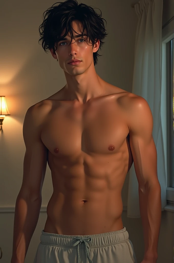 A boy
21 years hold
Black hair
Blue eyes
Bare chest
A pajama pants
Extremely sexy and hot
