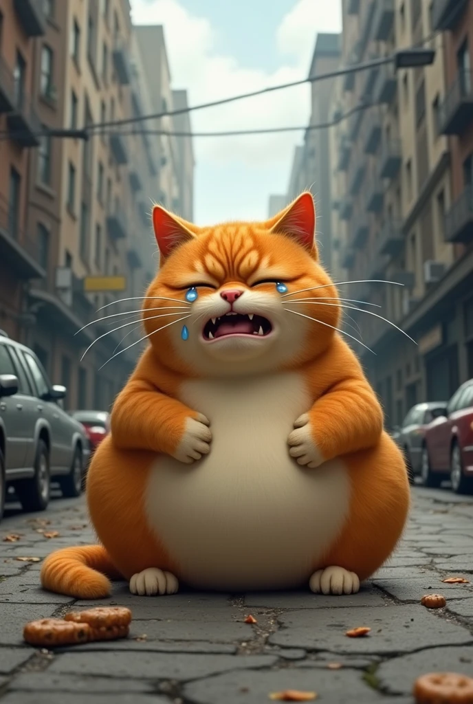 Fat orange cat crying on the street