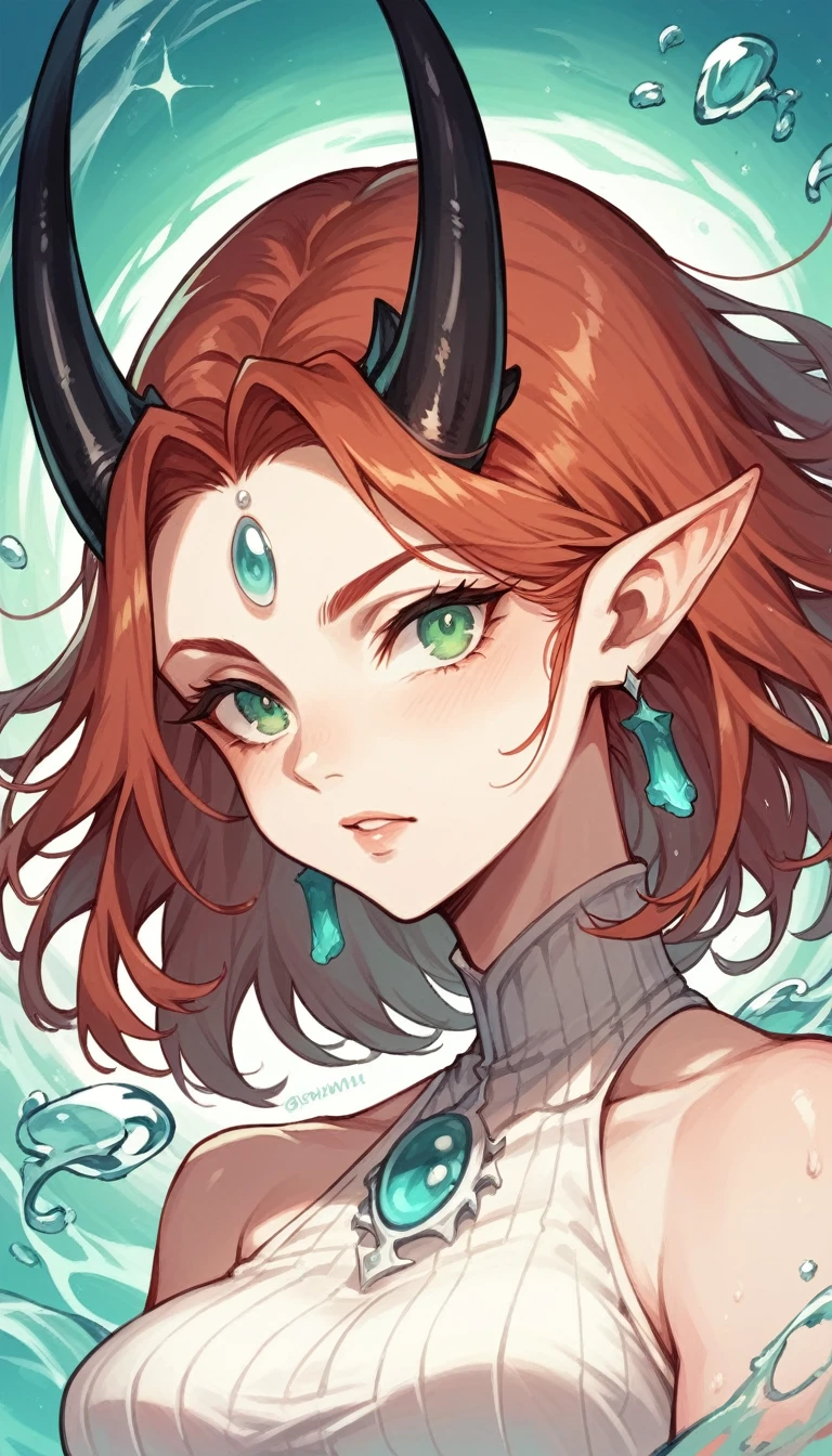 A beautiful woman with auburn hair and aquamarine-green eyes. She has pointed ears and one small jet black horn in the middle of the forehead.