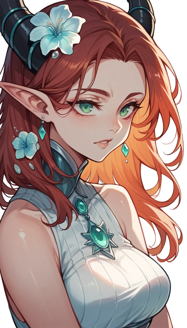 A beautiful woman with auburn hair and aquamarine-green eyes. She has pointed ears and one small jet black horn in the middle of the forehead.