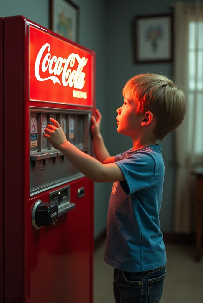Now he creates the same boy but trying to touch the button with his outstretched hand on a soda machine but he doesn't reach it.
