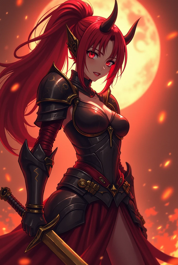 長い髪を持つbeautifulアニメ風の女性,(((Red Hair)))Long Wavy Hair,Transparent Hair,(((Highest quality)))Evil Eye,Frowning face,Extreme beauty,(((Red eyes))),Arrogant beauty,(((A well-defined, glamorous body)))((Huge bust))Tight waist,(((Bikini Armor)))黒色と赤色の際どいBikini Armorを着たExtreme beauty,(Beast Bone Armor),Wolf Ears,Wolf's Tail,((Extreme Armor)),((Armor exposing the chest, navel, and thighs)),Tan Skin,beautiful,(((swordsman pose))),((Holding a sword in his right hand)),(((detailed)))Full Body Shot,scar,無数のscar,(((background)))fog,Red Moon,Countless mountains,Dark steppe。