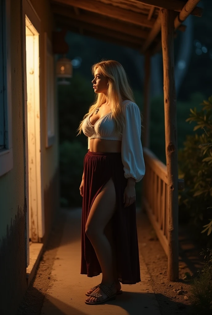 blonde girl, medium tits, big and nice ass. Long folklore style skirt, white shirt down to the navel, zandalias. standing, Profile, on the porch of his humble house.
realistic photo with poor quality (sin blur), at night
