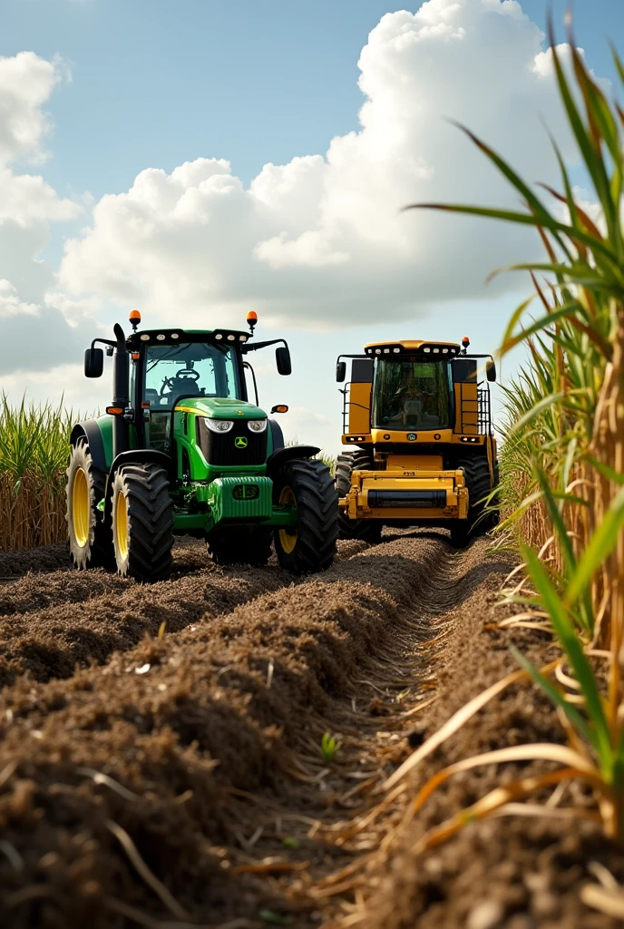 John Deere 7230J tractor and a Case A8810 sugarcane harvester in a Brazilian sugarcane field
