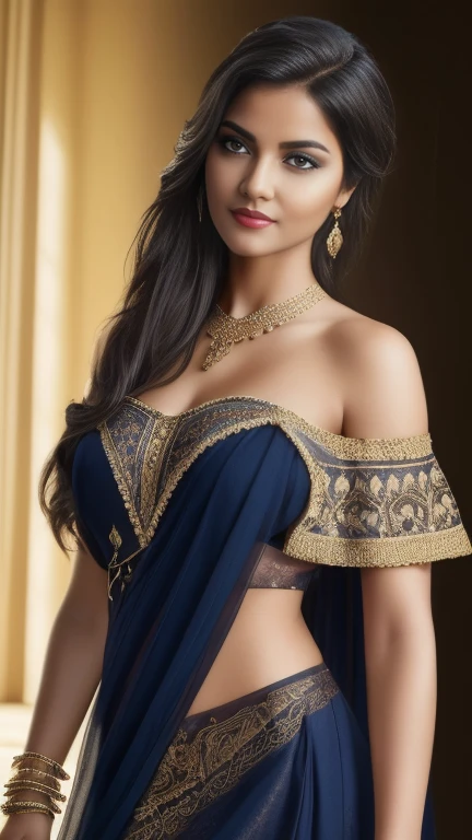 (best quality,4k,8k,highres,masterpiece:1.2),ultra-detailed,(realistic,photorealistic,photo-realistic:1.37),Al-Uzza, the ancient Arabian goddess of beauty and black magic, off-shoulder, extremely detailed face and eyes, long eyelashes, detailed lips, intricate jewelry, flowing dress, ornate background, warm lighting, fantasy art, cinematic composition, dramatic lighting, dramatic pose, dramatic expression, cinematic shot, detailed fabric textures, dynamic composition, rich colors, dramatic chiaroscuro, mystical atmosphere