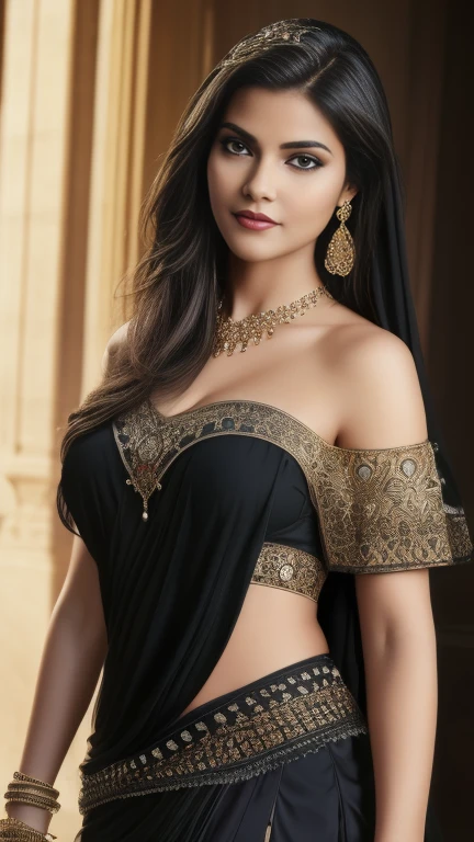 (best quality,4k,8k,highres,masterpiece:1.2),ultra-detailed,(realistic,photorealistic,photo-realistic:1.37),Al-Uzza, the ancient Arabian goddess of beauty and black magic, off-shoulder, extremely detailed face and eyes, long eyelashes, detailed lips, intricate jewelry, flowing dress, ornate background, warm lighting, fantasy art, cinematic composition, dramatic lighting, dramatic pose, dramatic expression, cinematic shot, detailed fabric textures, dynamic composition, rich colors, dramatic chiaroscuro, mystical atmosphere