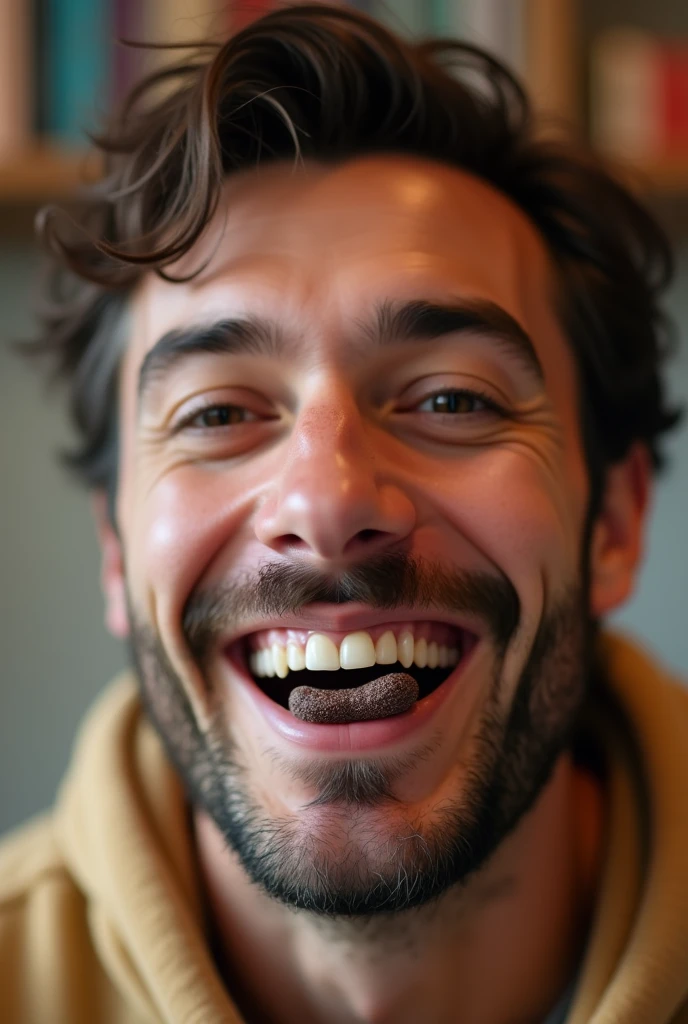 happy man from the waist up, eating small dark brown porous candy 