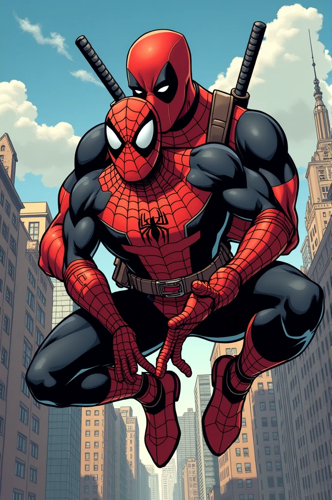 Marvel comic panel, Deadpool on top of Spiderman