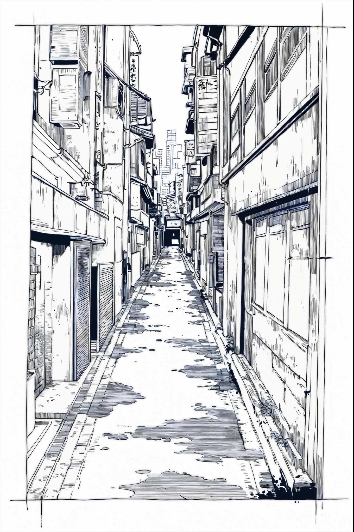 a drawing of a street with building, anime city, japanese street, alley, anime style cityscape, clean anime outlines, line - art, tokyo alleyway, buildings, and horror effect shadings, drawing with ink splatters incorporate to it, street art shading with ink splatters