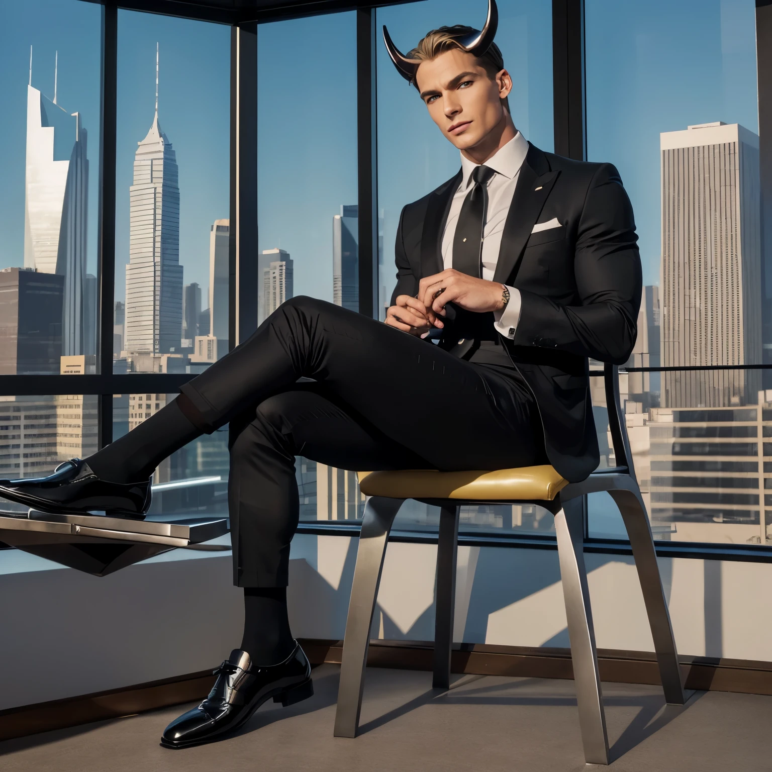 full body view, realistic photo, sleek corporate board room, one arrogant devilishly handsome dapper warlock with square jawline, prominent cheekbones, luscious lips, silver demon horns, in dapper suit, tie, fine elegant shoes, fine black socks, wonderful golden rings, is sitting, while his shoes are smelled by one slim angelic bodybuilded blond man in spandex shirt and shorts showing off his over-inflated muscles, with no shoes, large windows with urban skyline, large view