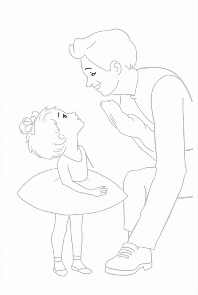 A black and white coloring page of a father with a child dressed as a ballerina
