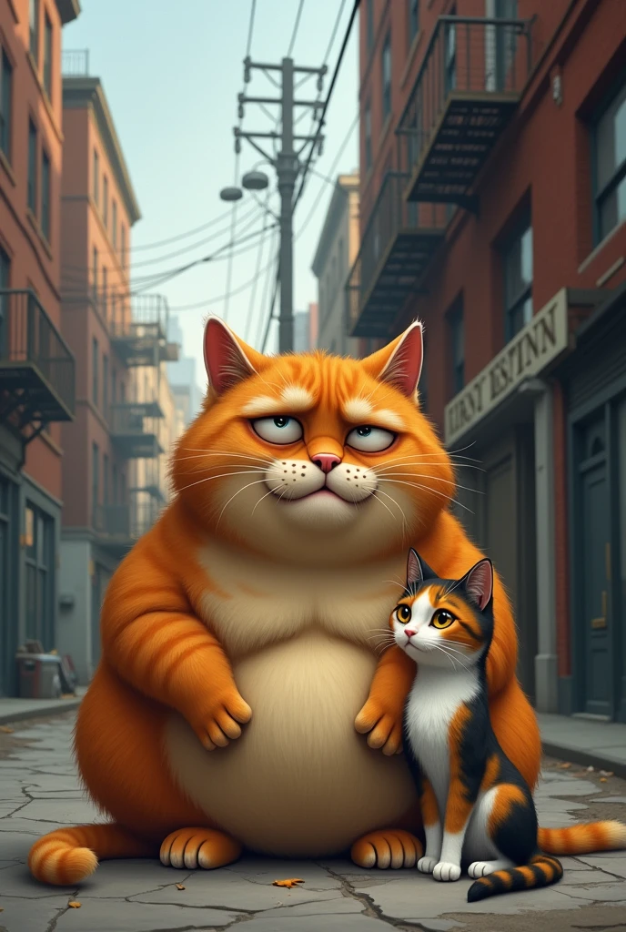 Fat orange cat crying on the street next to a female cat

