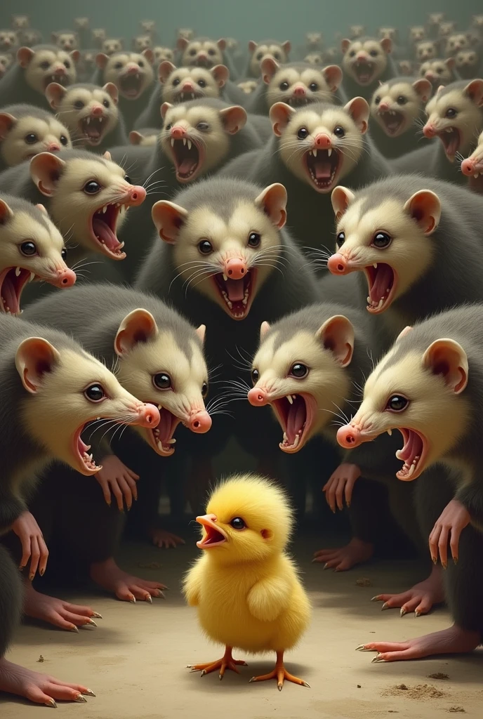 Thousands of opossums against a little yellow chick crying